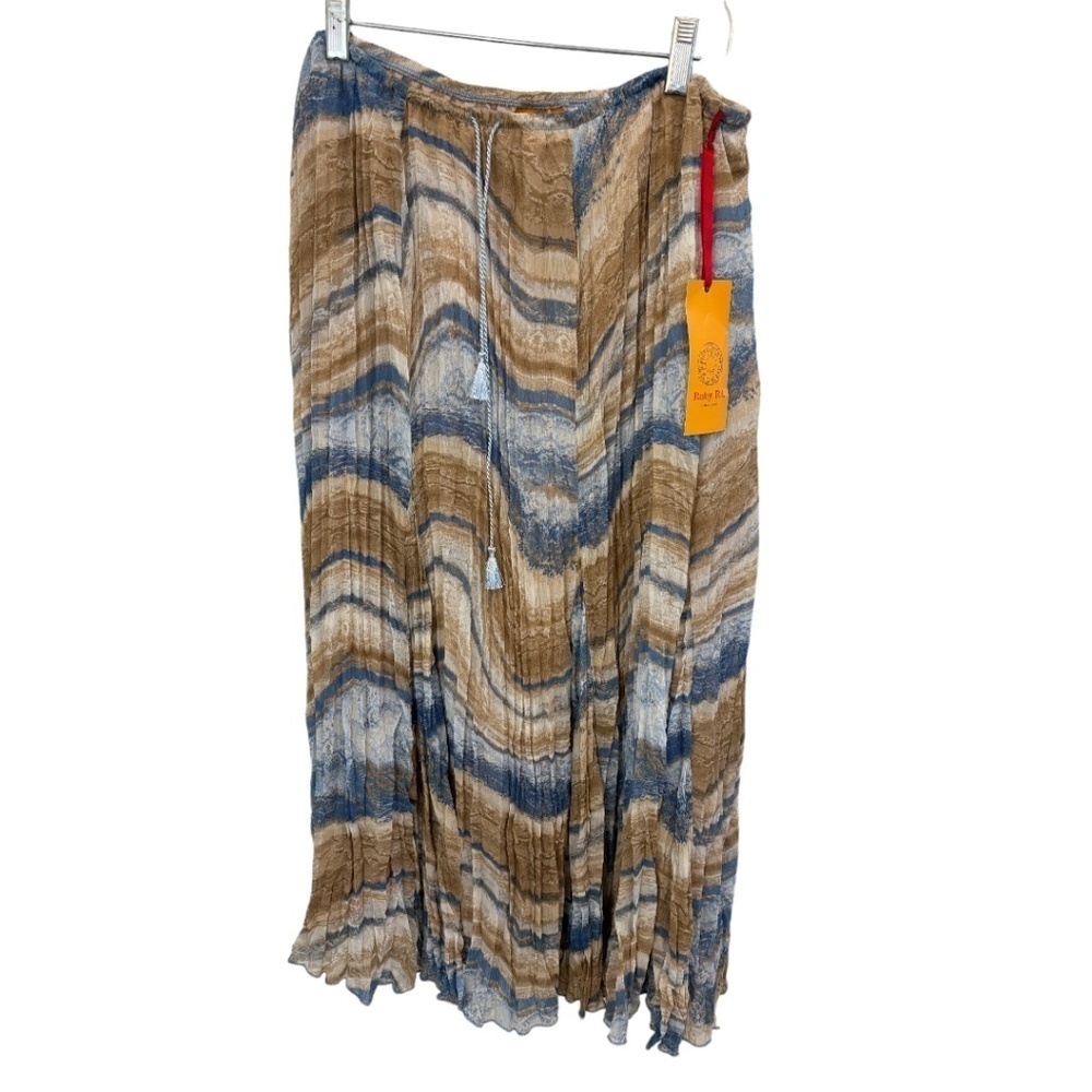 Ruby Rd. Blue Tan Crinkle Pleated Elastic Waist Maxi Skirt Beach Size 10 NWT